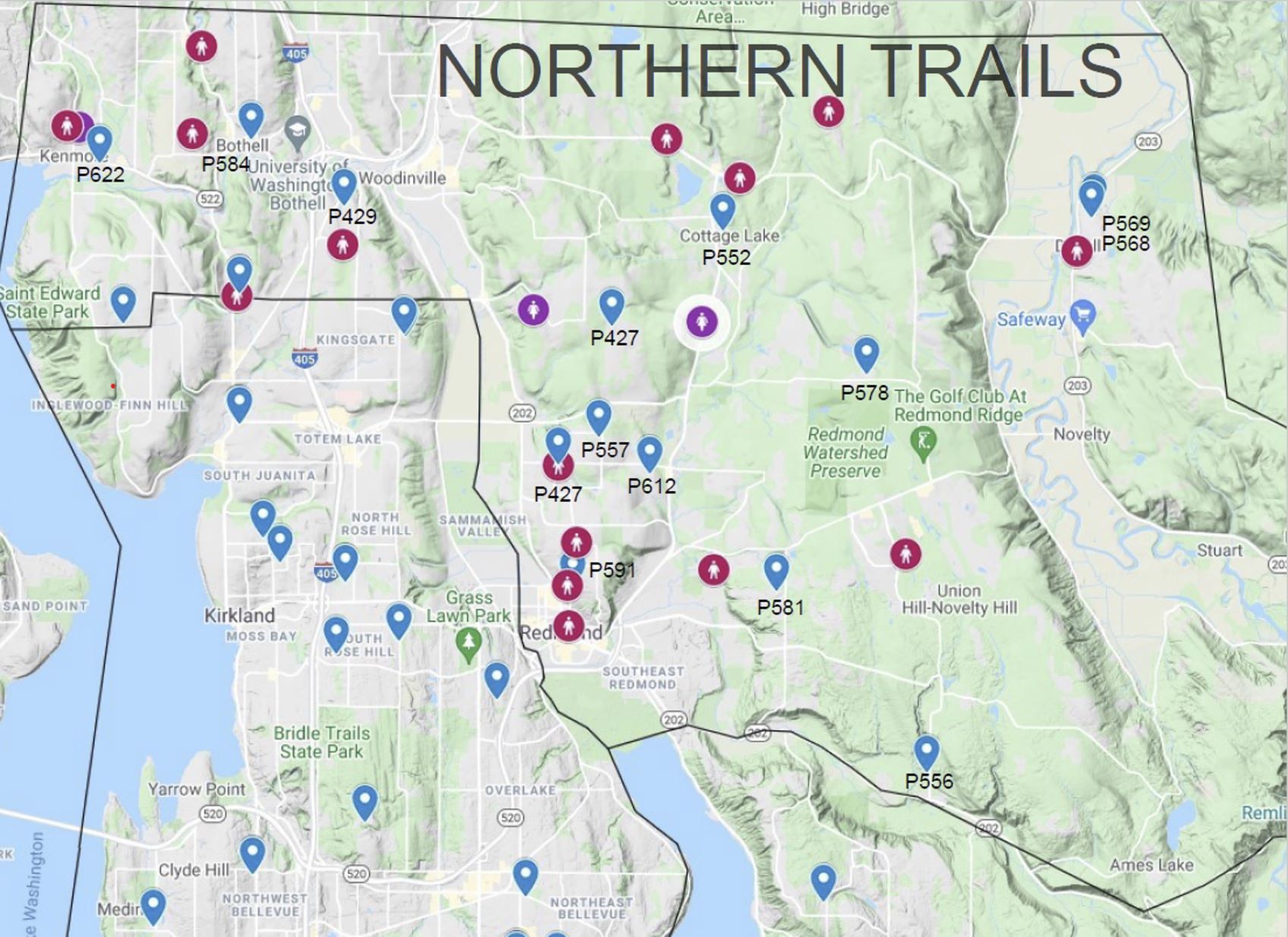 Map showing the boundaries of the Northern Trails District