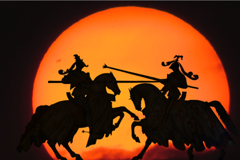 Knights jousting in front of a setting sun