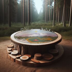 A rustic wooden round table in a forested glen with the Lake Trails Territory logo on the table top.