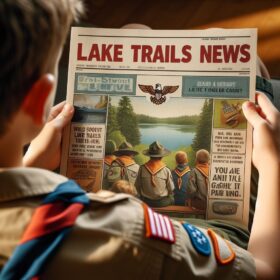 Looking over the shoulder of a scout reading the Lake Trails Newspaper