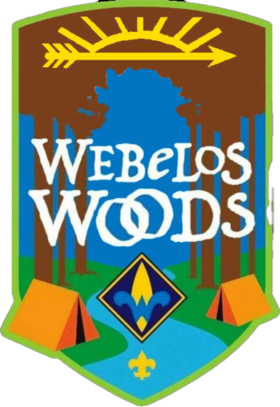 Two tents on either side of a stream in the woods, with the Webelos and Arrow of Light symbols along with the text 'Webelos Woods'